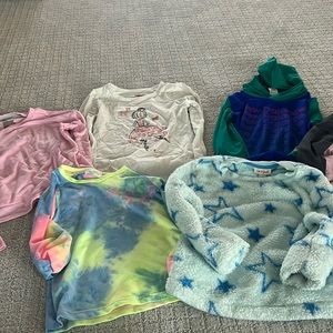 Girls Size 6 Lot Fleece sweater, 2 pajamas, 3 athletic tops, tie dye top, LS top